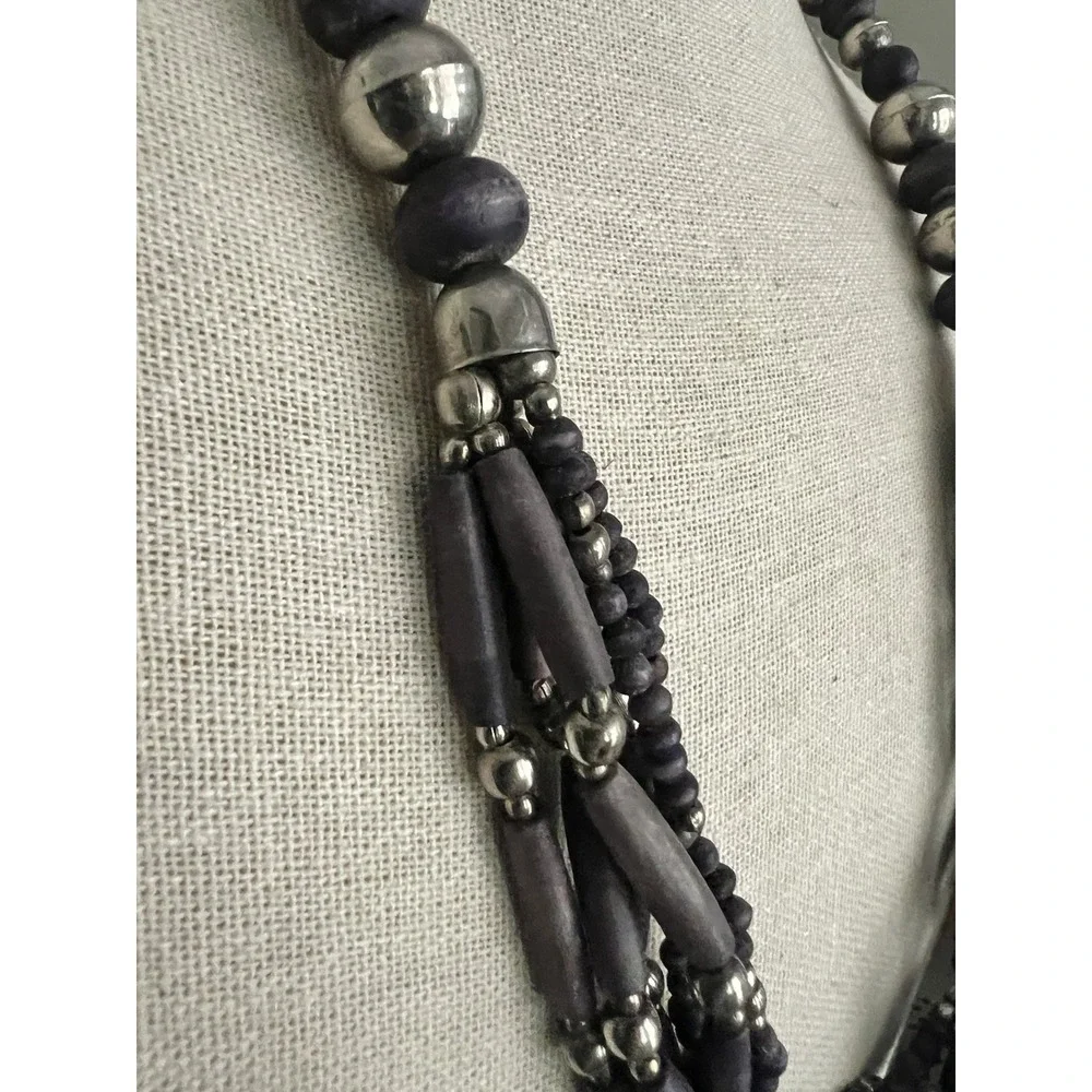Bohemian Purple Dyed Wood And Silver Beaded 6 Strand Bib Statement Necklace Vtg